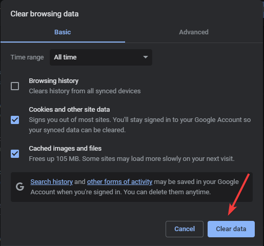 Окно очистки данных в Chrome