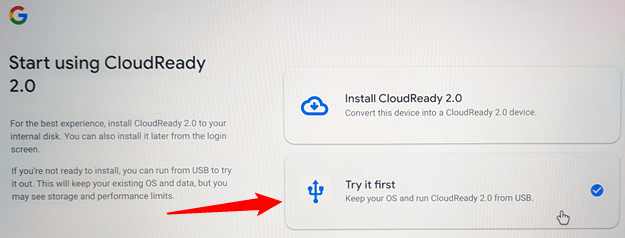 Кнопка Try it для пробного запуска Chrome OS Flex