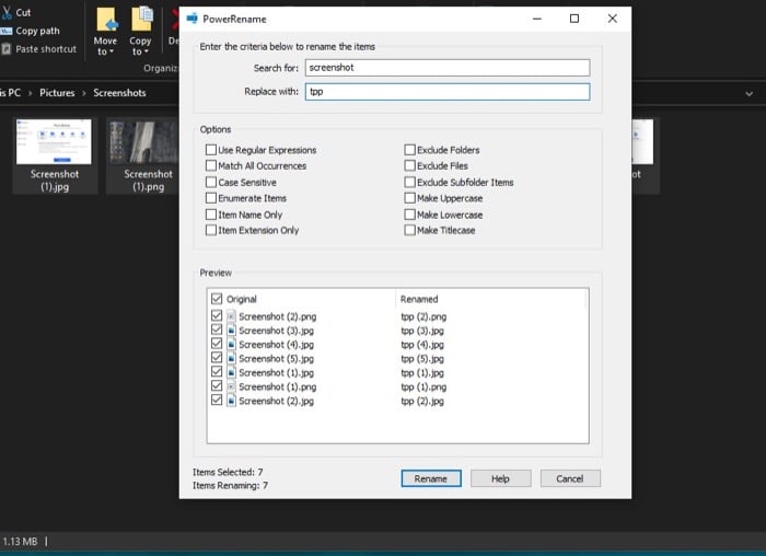 Пример использования PowerRename с предварительным просмотром