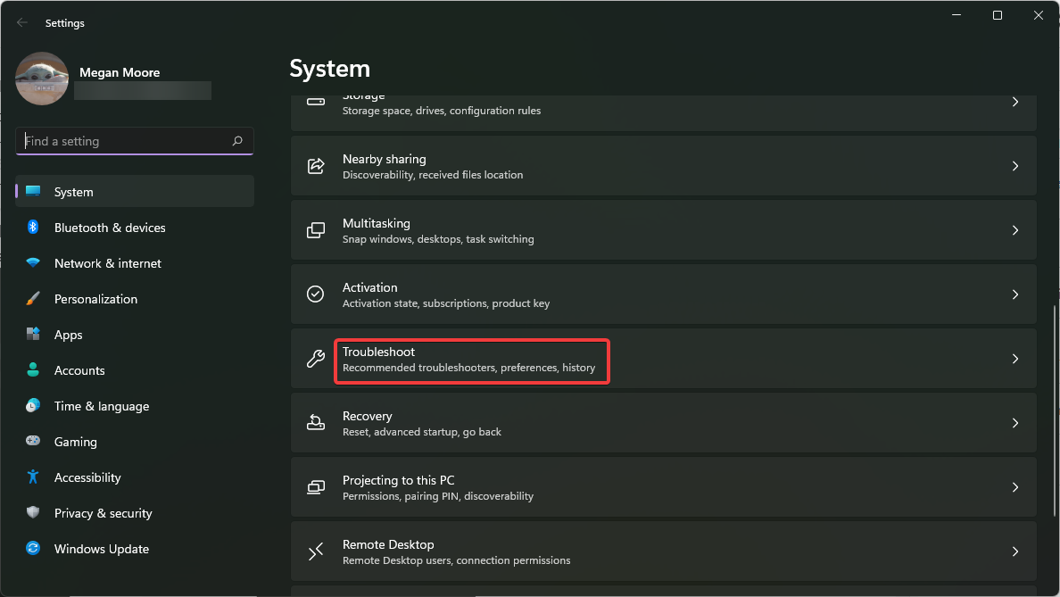Пункт меню Устранение неполадок в параметрах Windows.