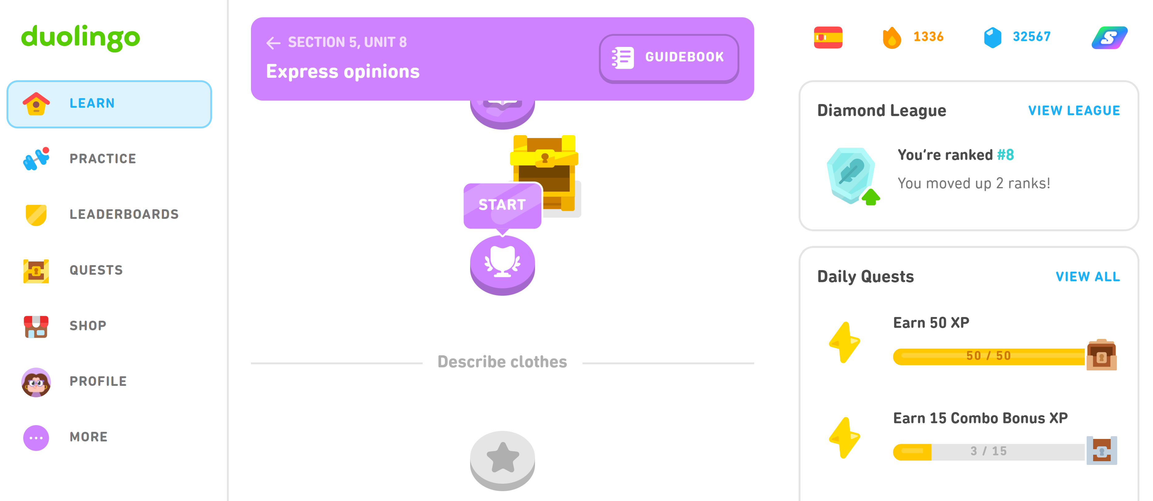 Скриншот почти завершённого блока в Duolingo