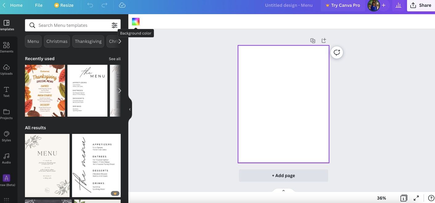 Выбор цвета фона в Canva