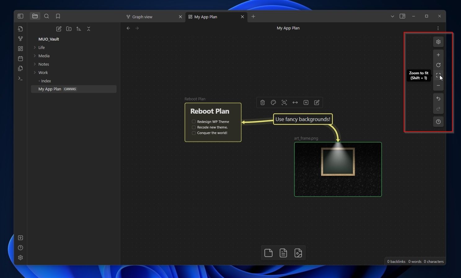 Боковая панель Canvas с кнопками управления масштабом и режимом