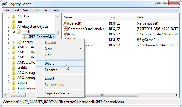 Удаление пункта SkyDrive Pro из реестра