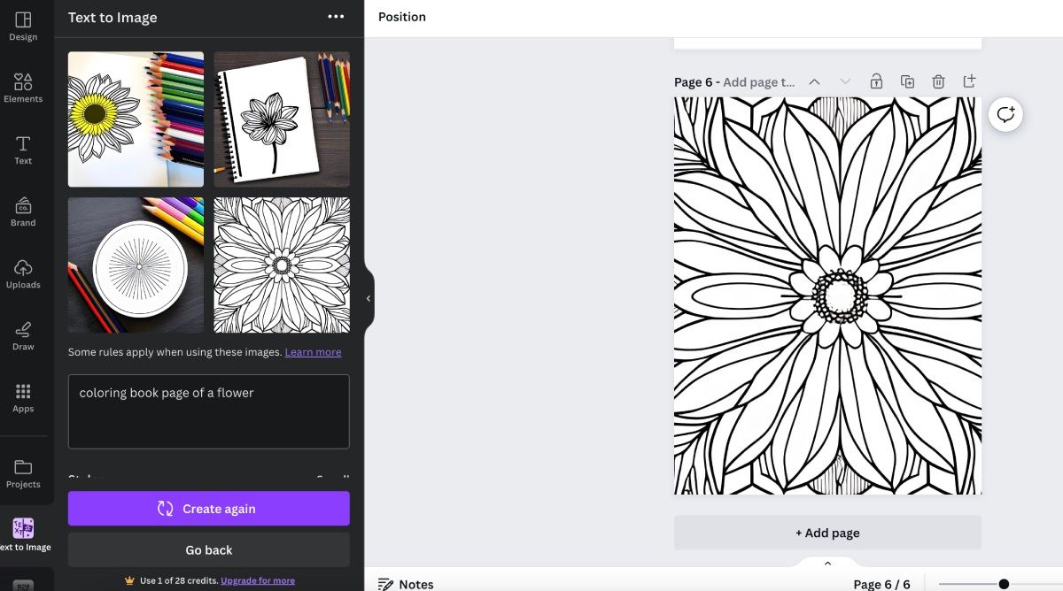 Canva coloring book using text to image