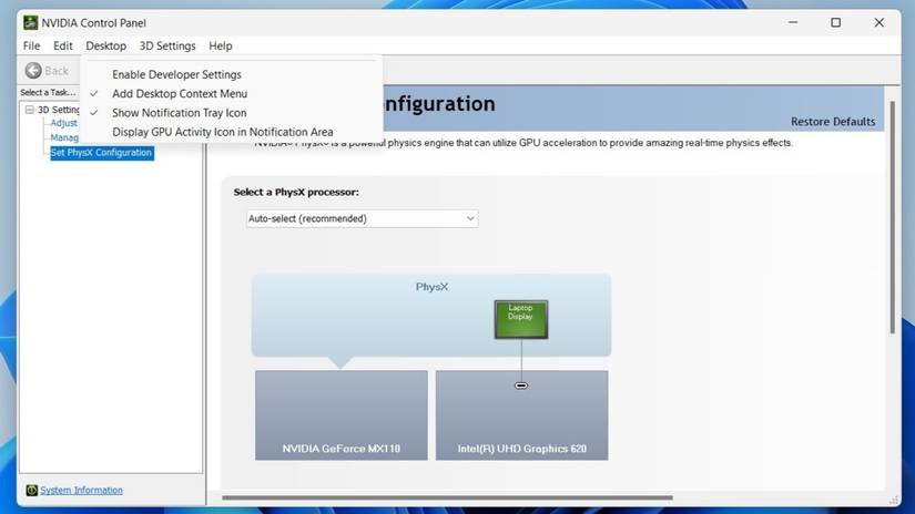 Окно NVIDIA Control Panel