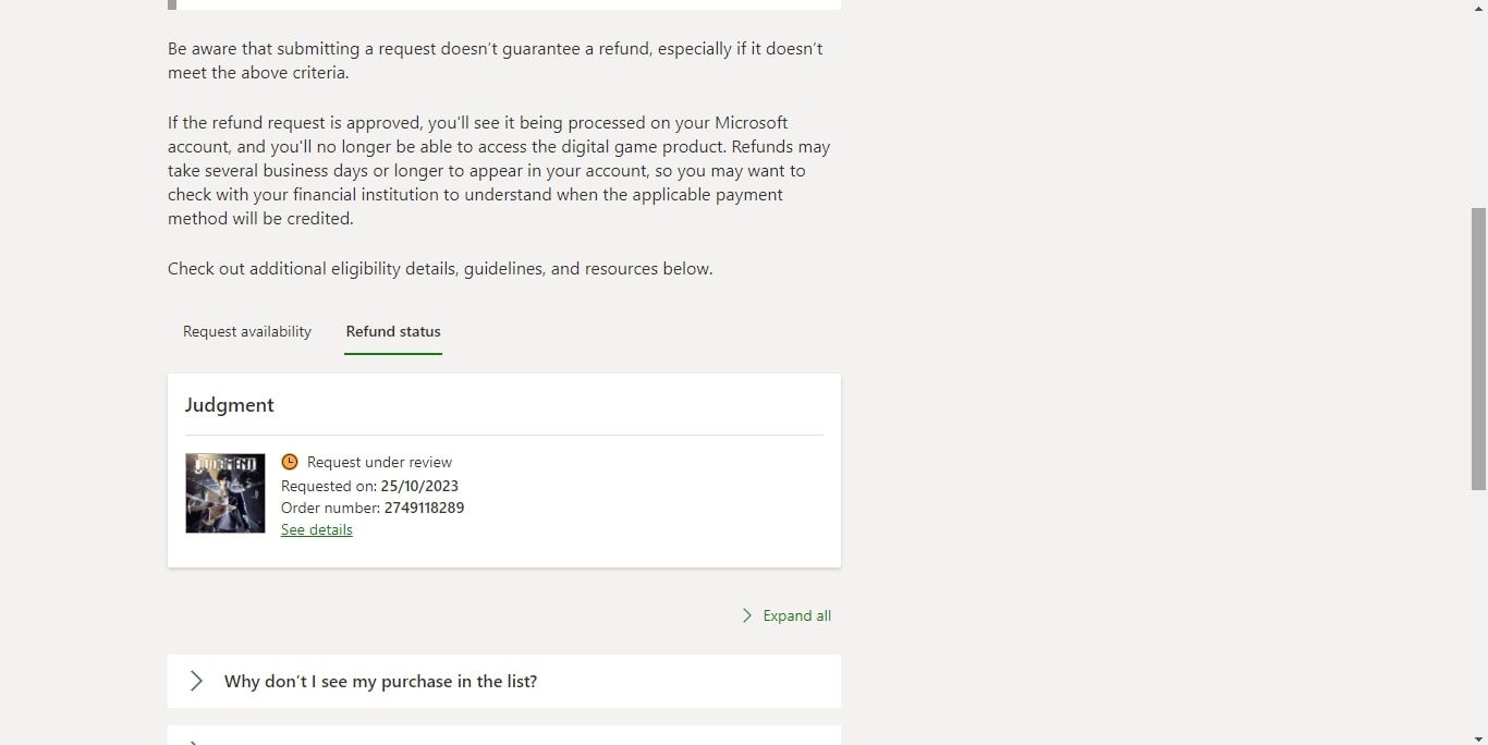 Скриншот опции статуса возврата в разделе 