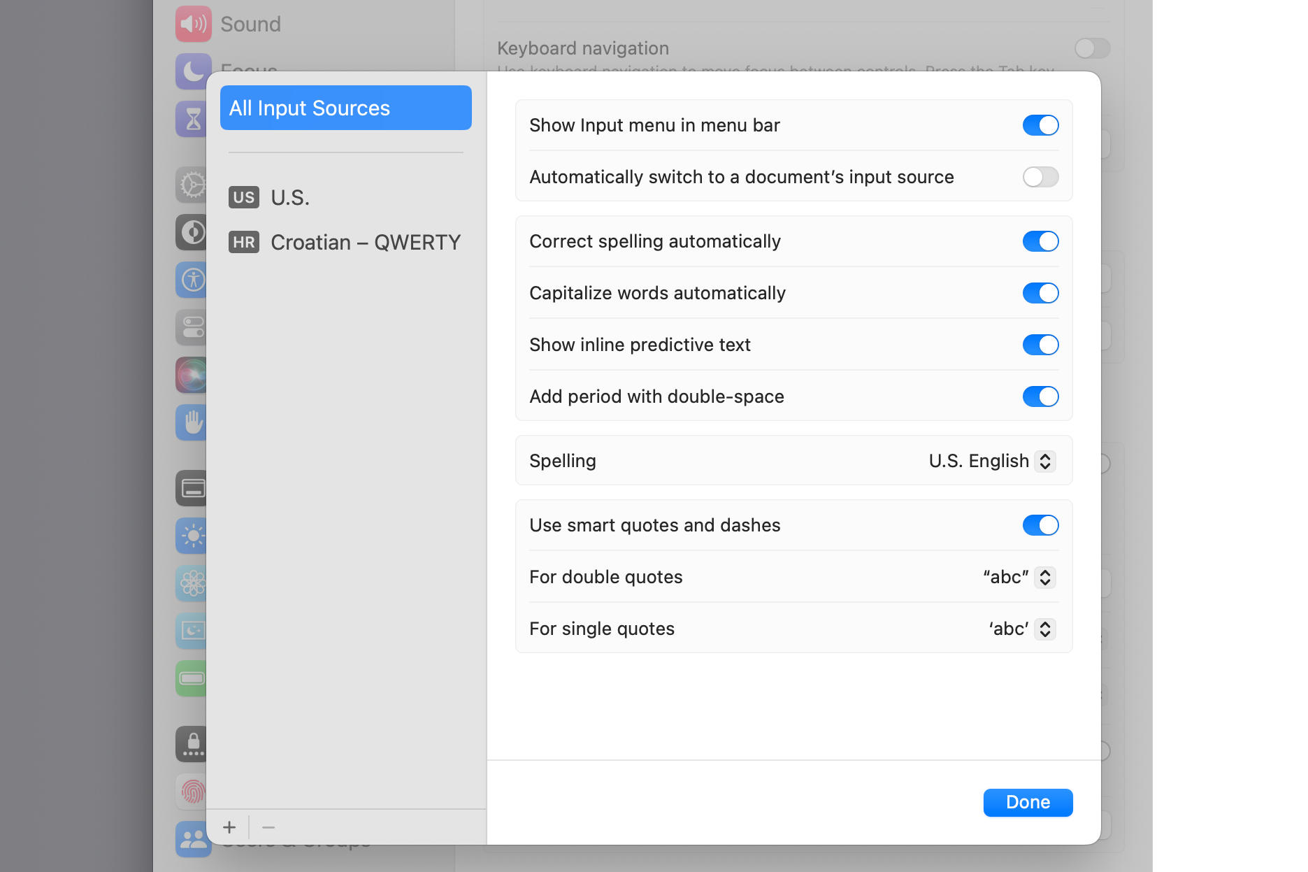 Окно Системных настроек macOS с настройками источников ввода
