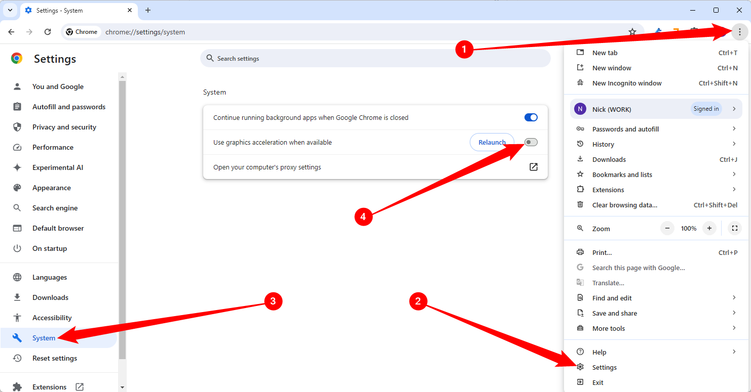 Меню настроек Chrome для отключения аппаратного ускорения.