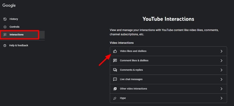 Страница взаимодействий YouTube в истории Google