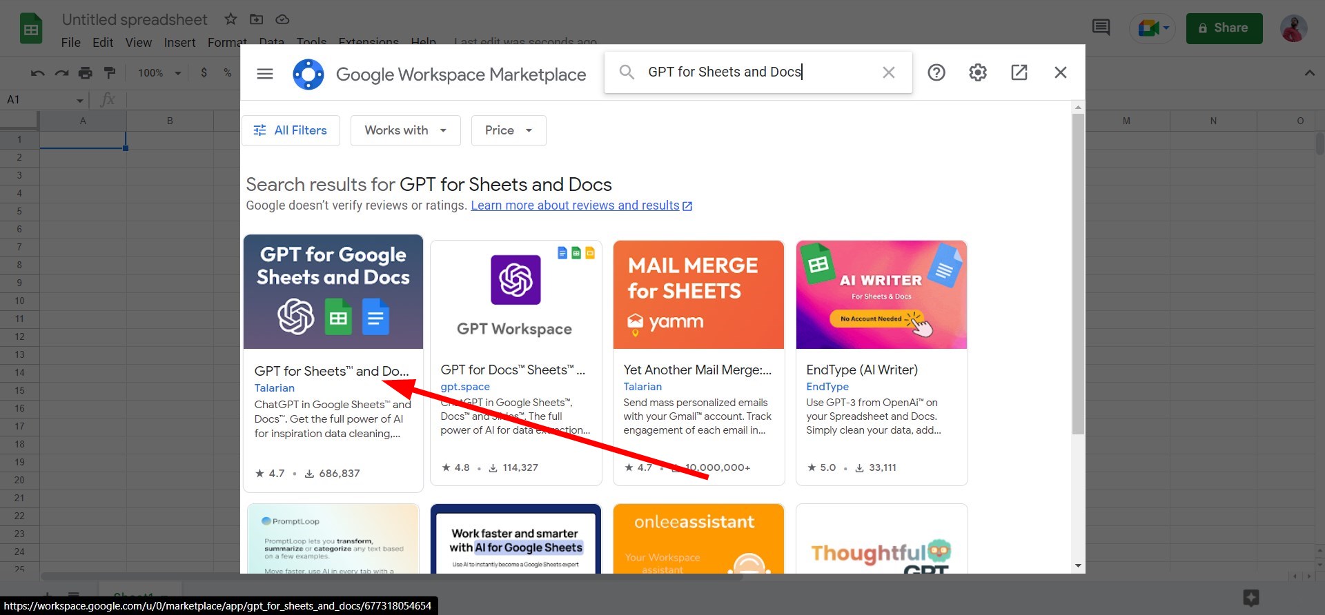 Страница расширения GPT for Sheets and Docs в магазине