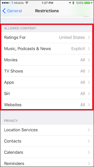 Список разрешённого контента и категорий для ограничения