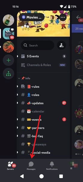 Нажатие Messages в нижнем меню в приложении Discord для Android.