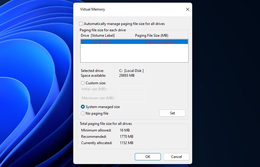 The System managed size option