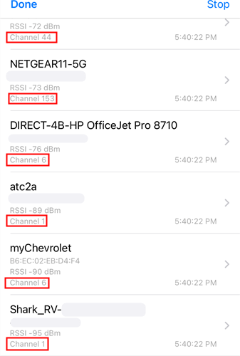 Список Wi‑Fi сетей и их каналов в AirPort Utility