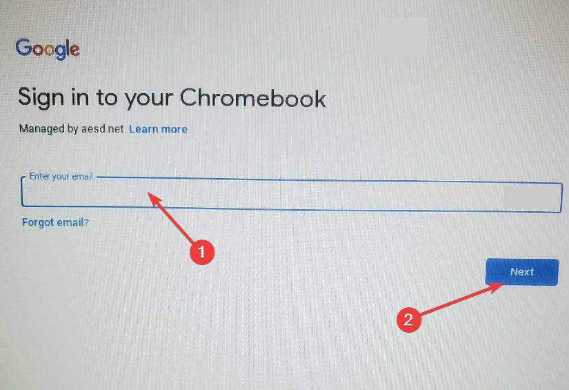 Кнопка «Далее» на экране входа Chromebook
