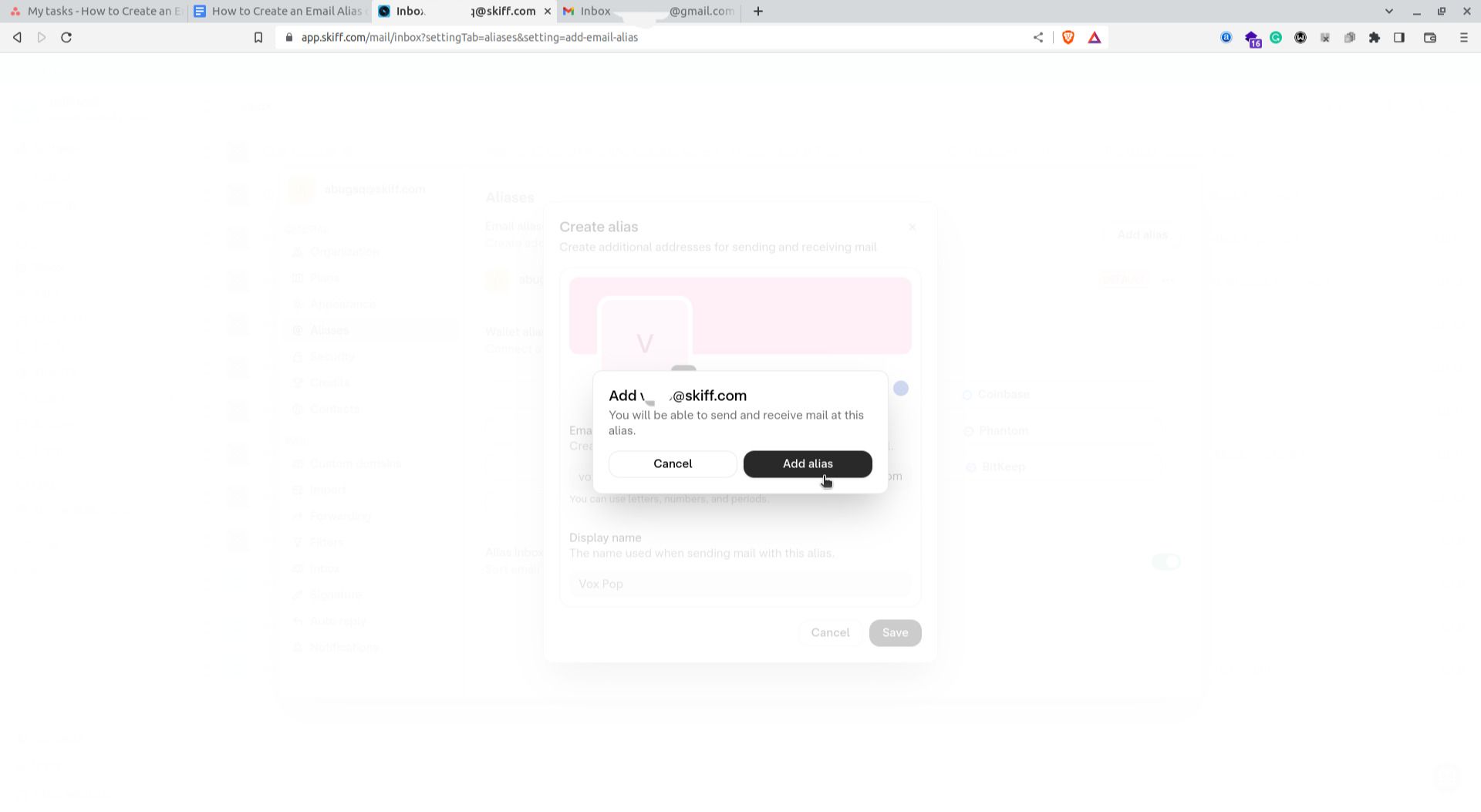 Подтверждение добавления алиаса в Skiff Mail