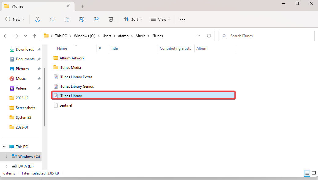 Скриншот папки iTunes с файлом iTunes Library выделенным