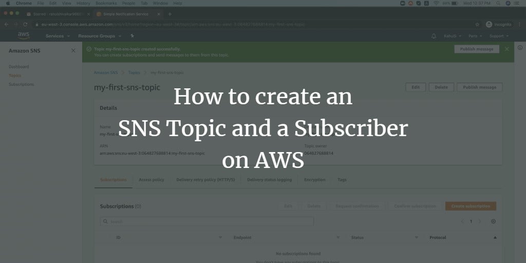 Создать тему Amazon SNS и подписаться по Email