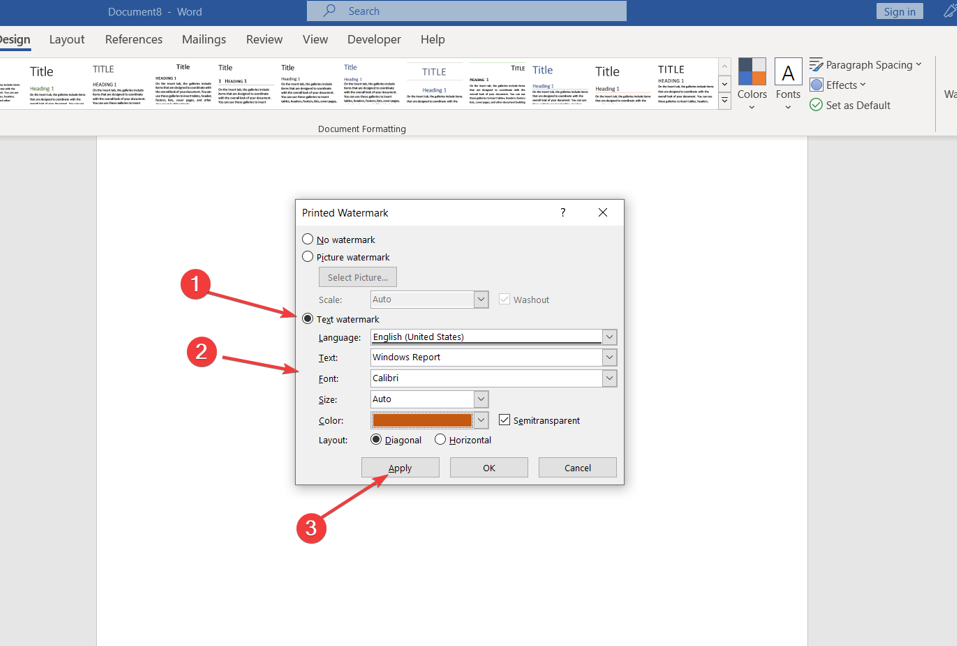 Настройка текстового водяного знака: ввод текста и выбор шрифта