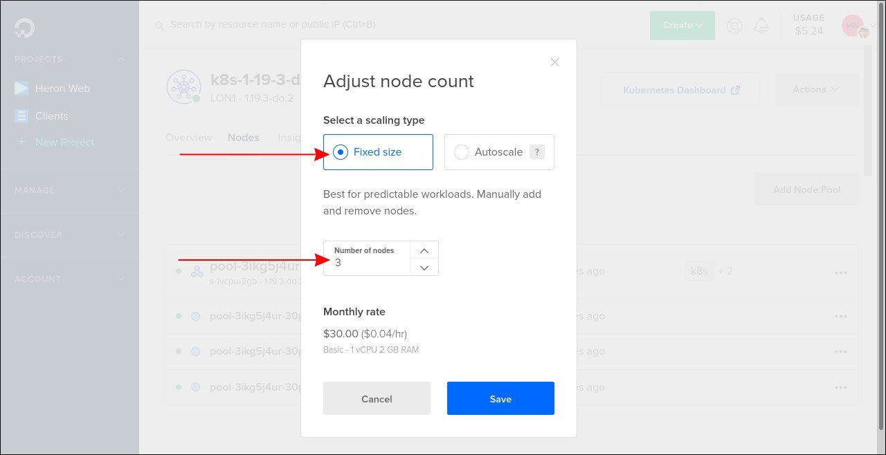 Скриншот изменения размера Node Pool в DigitalOcean