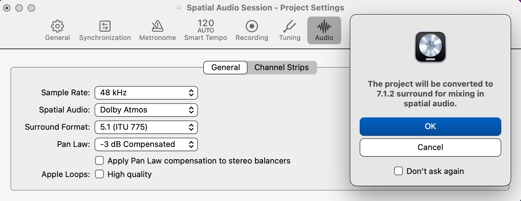 Скриншот настроек Audio в Logic Pro с опцией Spatial Audio