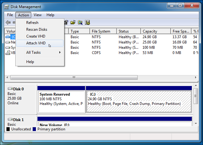Команда 'Файл' → 'Подключить VHD' в Управлении дисками