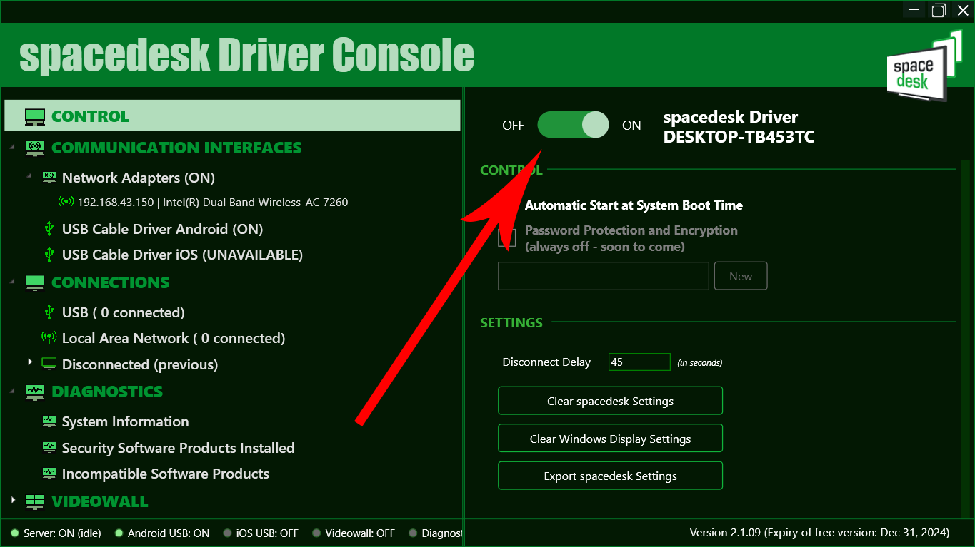 Переключатель в Spacedesk Driver Console выделен.