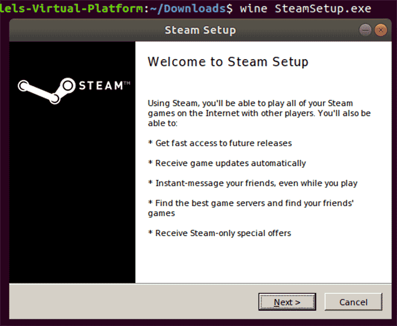 Установщик Steam в среде Wine на рабочем столе Linux