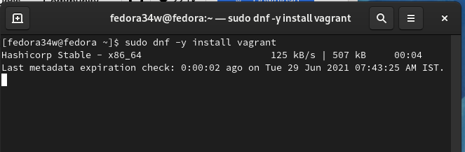 Вывод установки Vagrant через dnf в терминале
