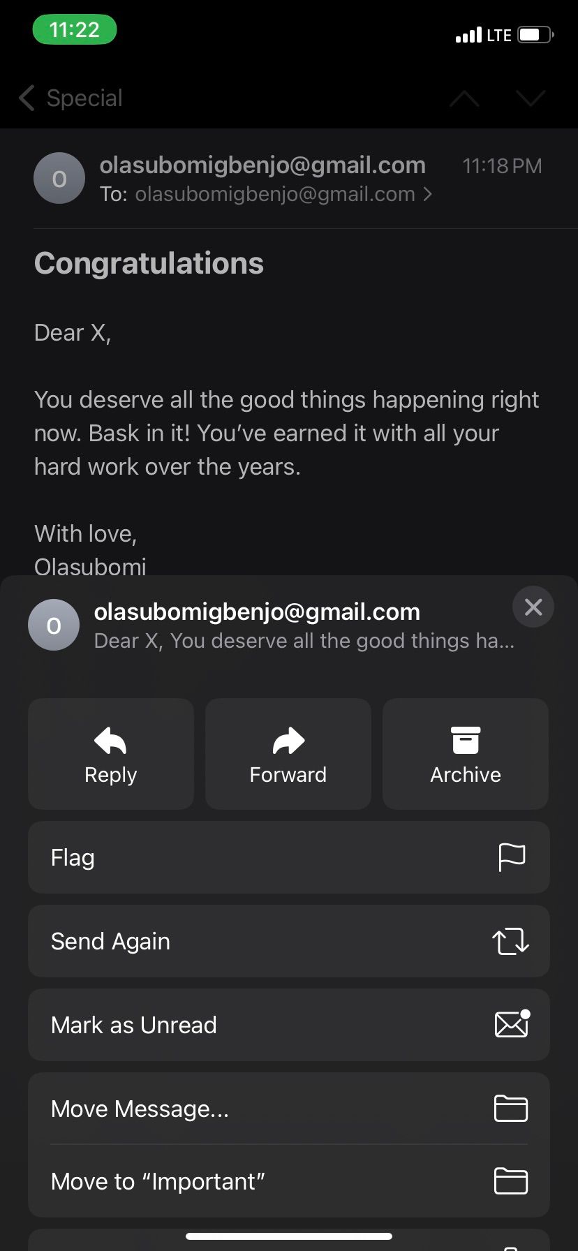 Опция пересылки или отправки снова в iOS Mail