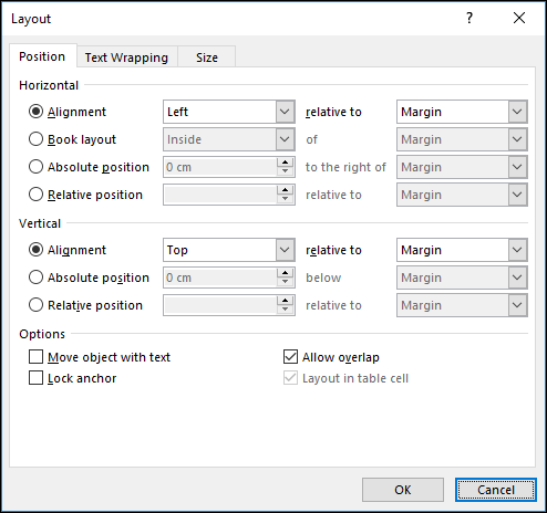 Окно макета, вкладка Позиция