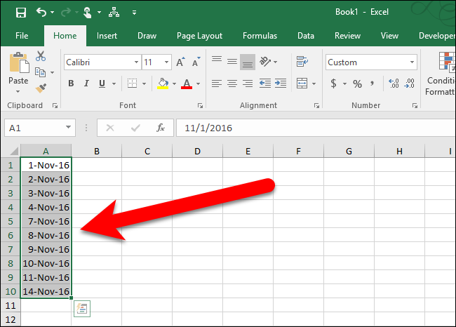 Результат: столбец с последовательными рабочими датами (без выходных)