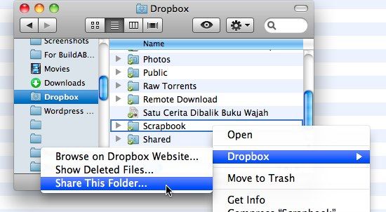 Диалог обмена папкой в Dropbox