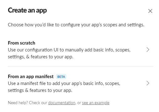 Окно создания приложения Slack