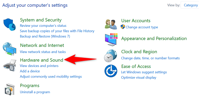 Выберите «Оборудование и звук».