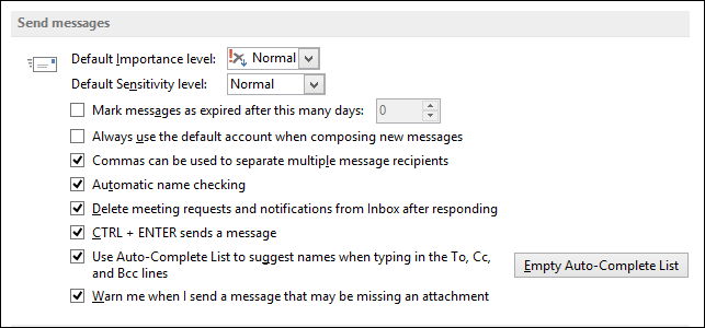 Опции Send messages для настройки важности и автоподстановки имён