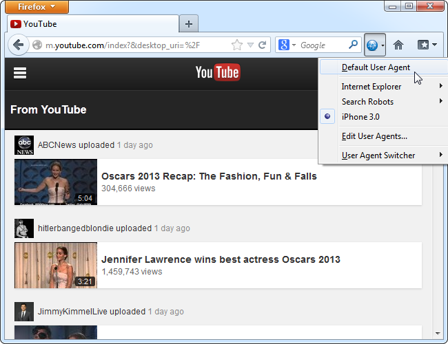 Выбор опции Default User Agent в расширении