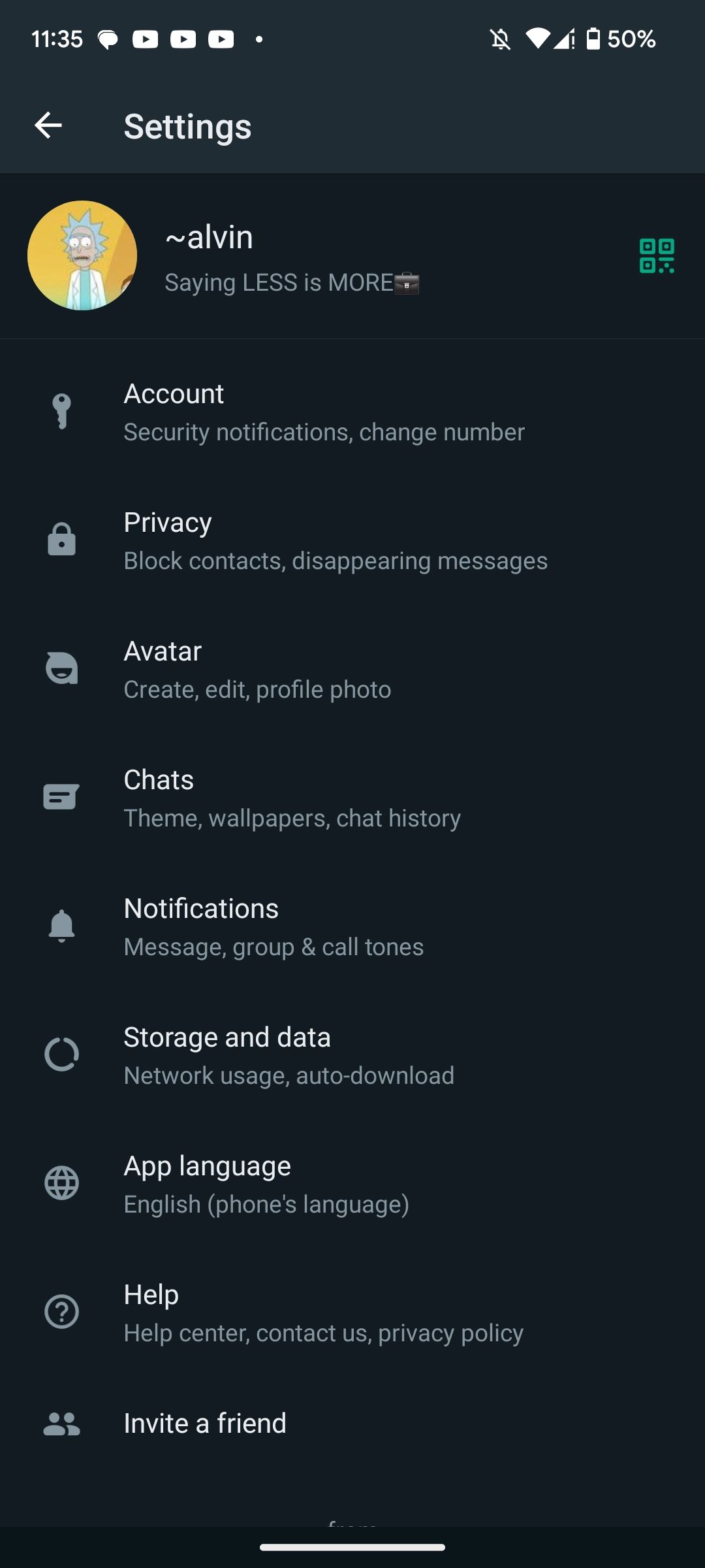 Страница настроек WhatsApp на Android