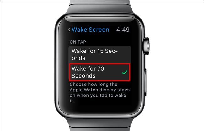 Выбор опции «Пробуждать 70 секунд» на Apple Watch