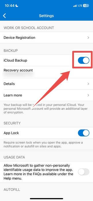 Включение iCloud Backup в приложении Microsoft Authenticator на iOS