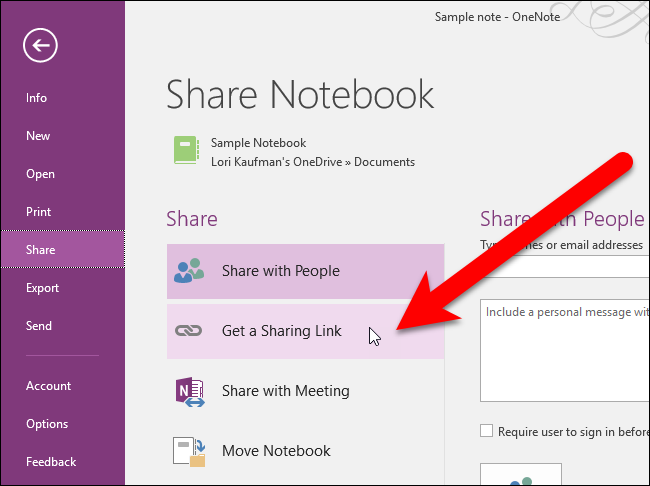 Получение ссылки для общего доступа в OneNote 2016