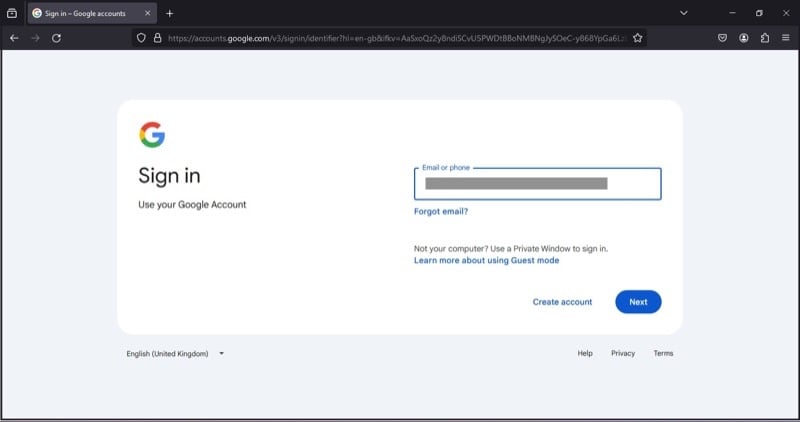 Страница входа Google в Windows 11
