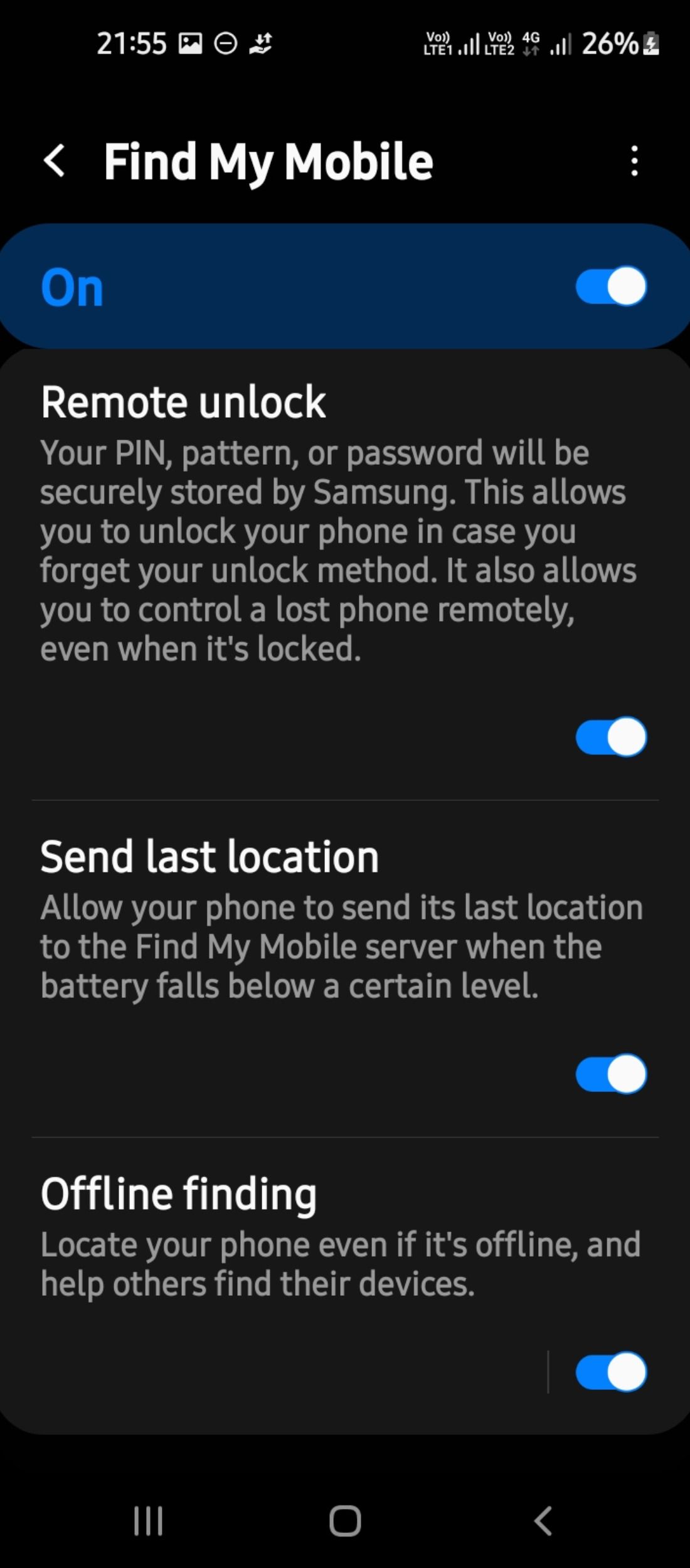 Экран настроек SmartThings Find на Samsung Galaxy