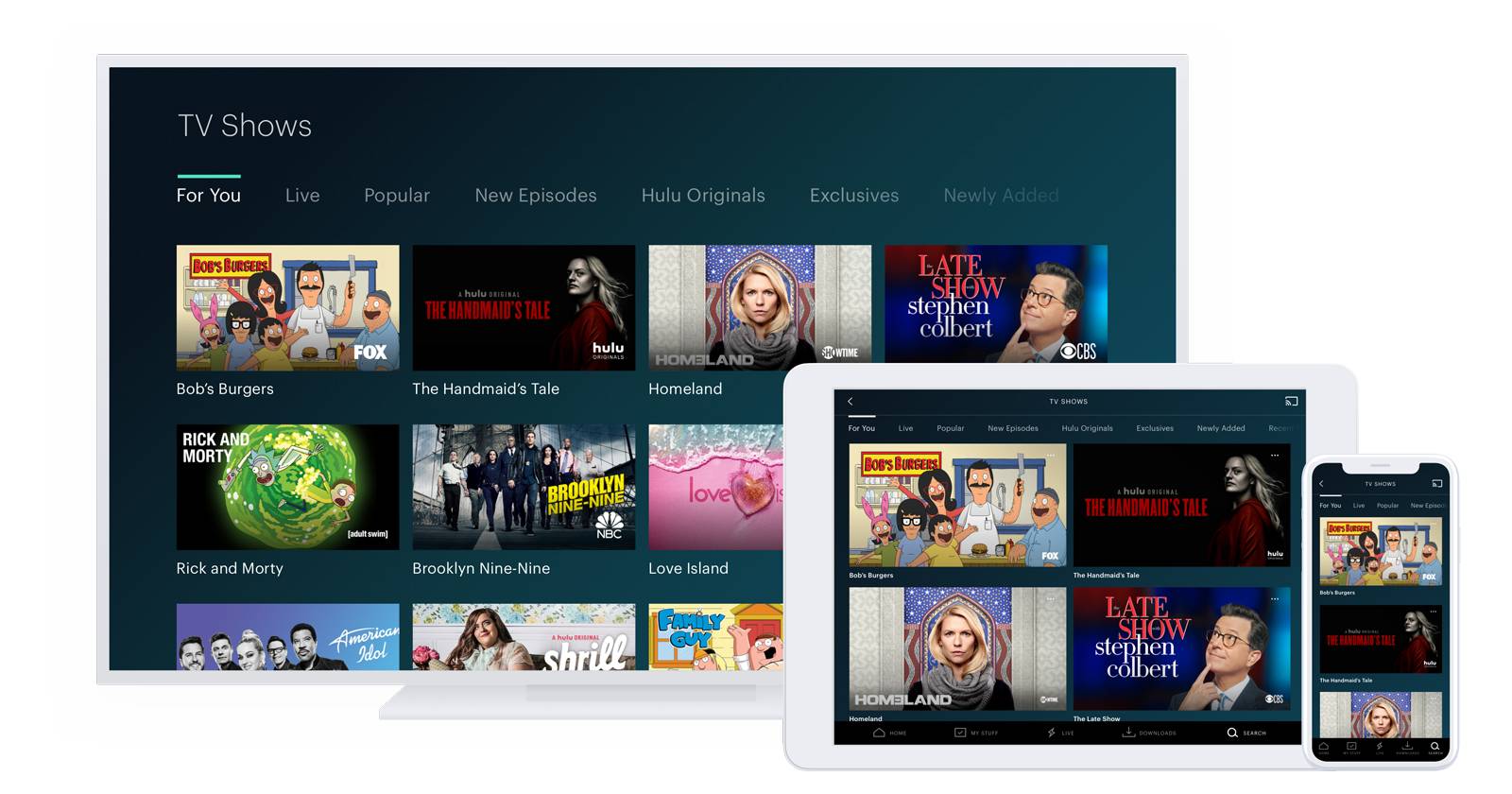 Hulu на трёх устройствах — смартфон, планшет и телевизор