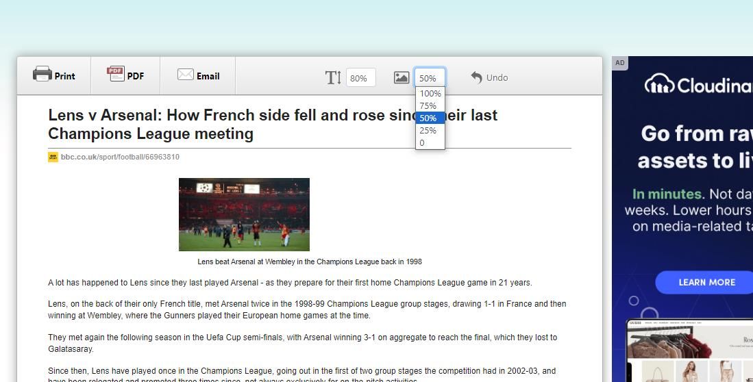 Опции изменения размера изображения в PrintFriendly