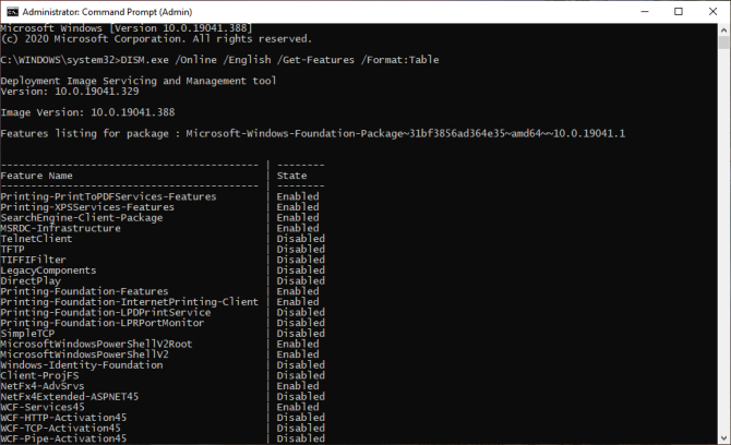 Список функций Windows с их статусом