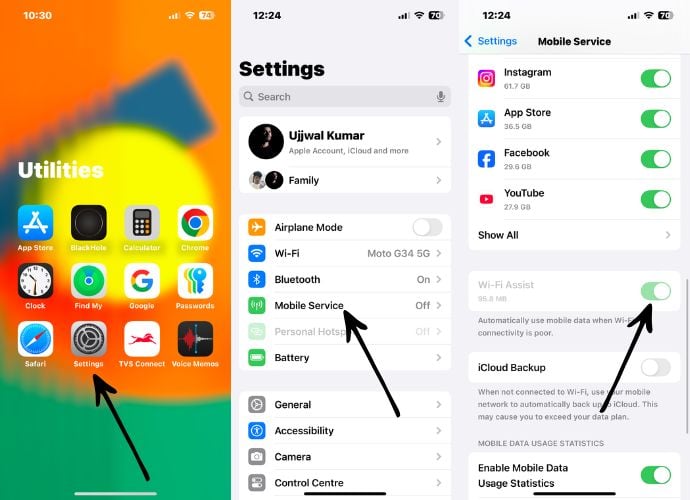 включение Wi‑Fi Assist на iPhone