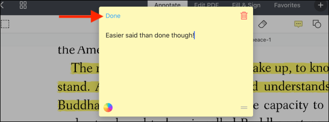 Нажмите кнопку Готово после ввода заметки