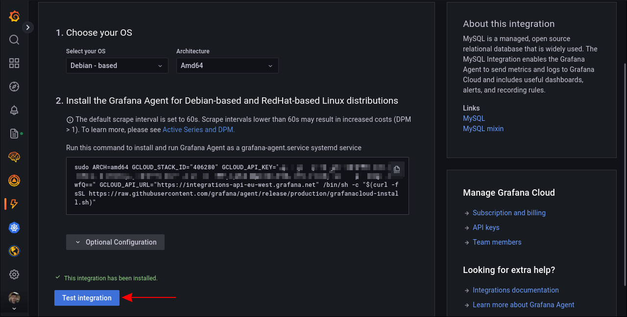 Панель состояния интеграции в Grafana Cloud